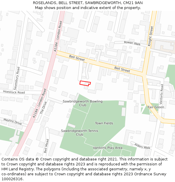 ROSELANDS, BELL STREET, SAWBRIDGEWORTH, CM21 9AN: Location map and indicative extent of plot