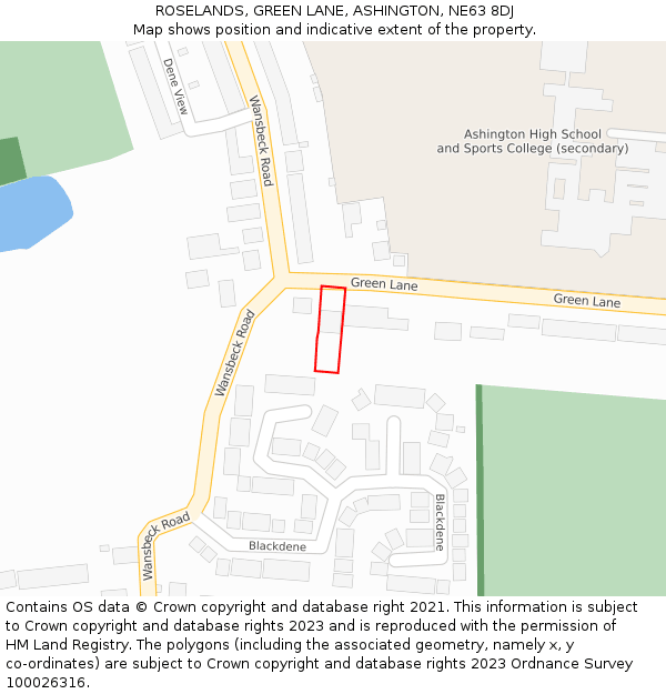 ROSELANDS, GREEN LANE, ASHINGTON, NE63 8DJ: Location map and indicative extent of plot