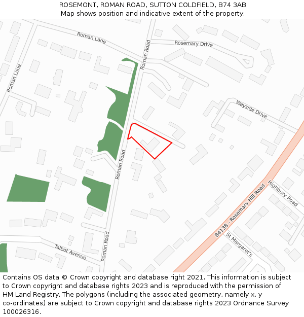 ROSEMONT, ROMAN ROAD, SUTTON COLDFIELD, B74 3AB: Location map and indicative extent of plot