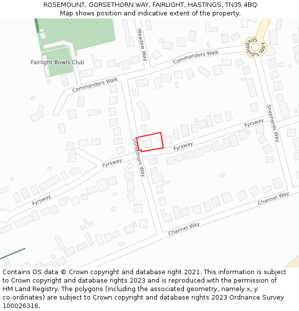 ROSEMOUNT, GORSETHORN WAY, FAIRLIGHT, HASTINGS, TN35 4BQ: Location map and indicative extent of plot