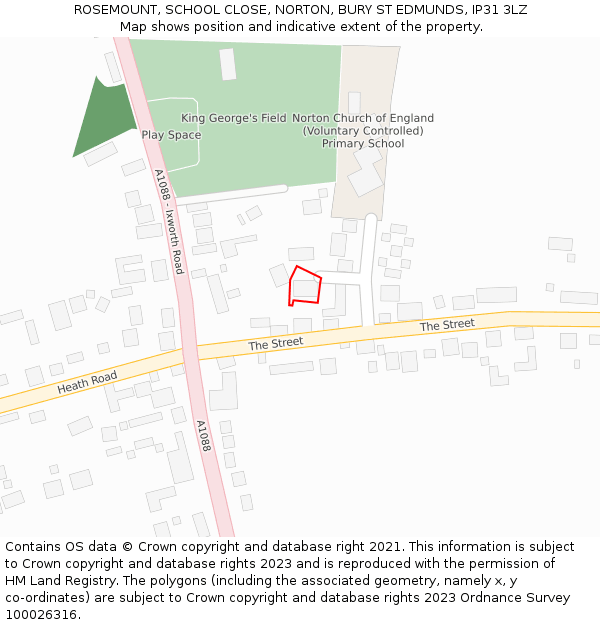 ROSEMOUNT, SCHOOL CLOSE, NORTON, BURY ST EDMUNDS, IP31 3LZ: Location map and indicative extent of plot