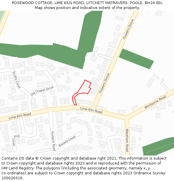 ROSEWOOD COTTAGE, LIME KILN ROAD, LYTCHETT MATRAVERS, POOLE, BH16 6EL: Location map and indicative extent of plot