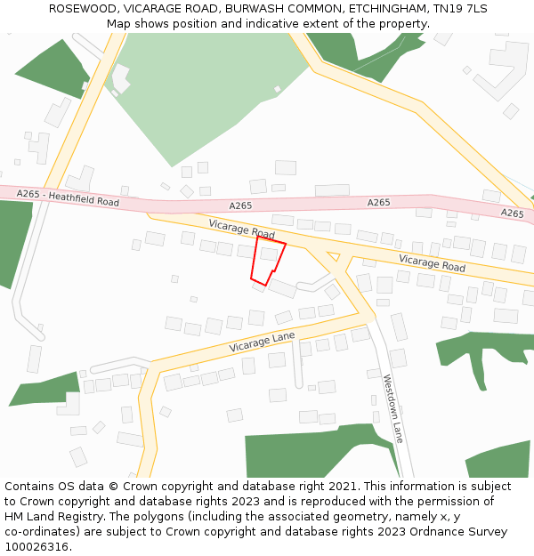 ROSEWOOD, VICARAGE ROAD, BURWASH COMMON, ETCHINGHAM, TN19 7LS: Location map and indicative extent of plot