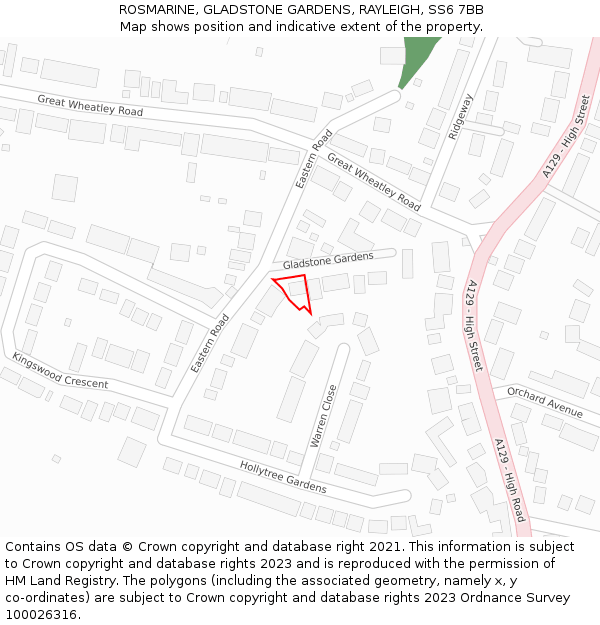 ROSMARINE, GLADSTONE GARDENS, RAYLEIGH, SS6 7BB: Location map and indicative extent of plot