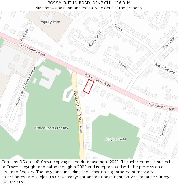 ROSSA, RUTHIN ROAD, DENBIGH, LL16 3HA: Location map and indicative extent of plot
