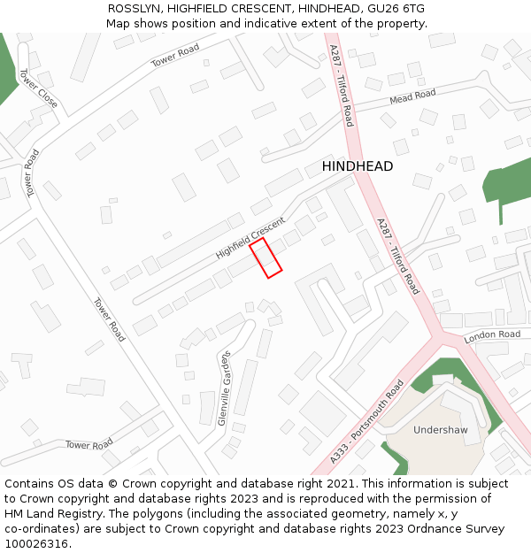 ROSSLYN, HIGHFIELD CRESCENT, HINDHEAD, GU26 6TG: Location map and indicative extent of plot