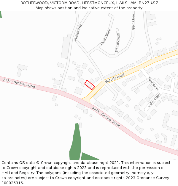 ROTHERWOOD, VICTORIA ROAD, HERSTMONCEUX, HAILSHAM, BN27 4SZ: Location map and indicative extent of plot
