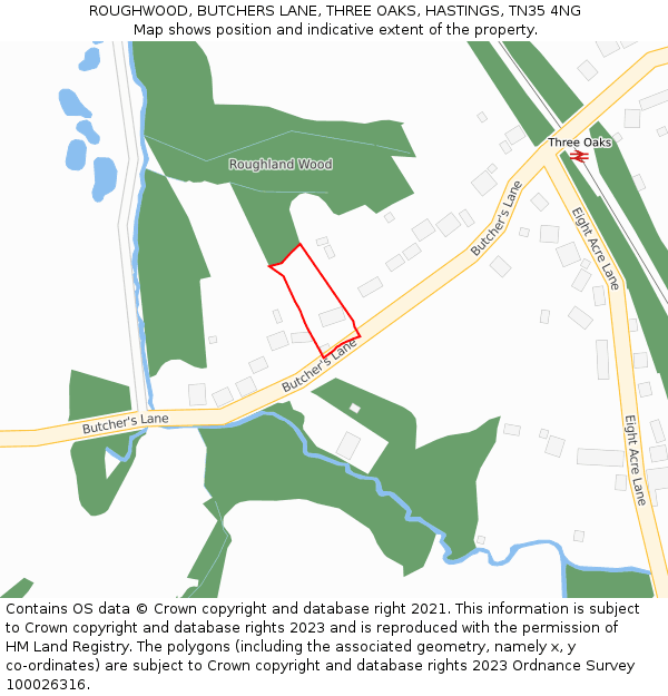 ROUGHWOOD, BUTCHERS LANE, THREE OAKS, HASTINGS, TN35 4NG: Location map and indicative extent of plot