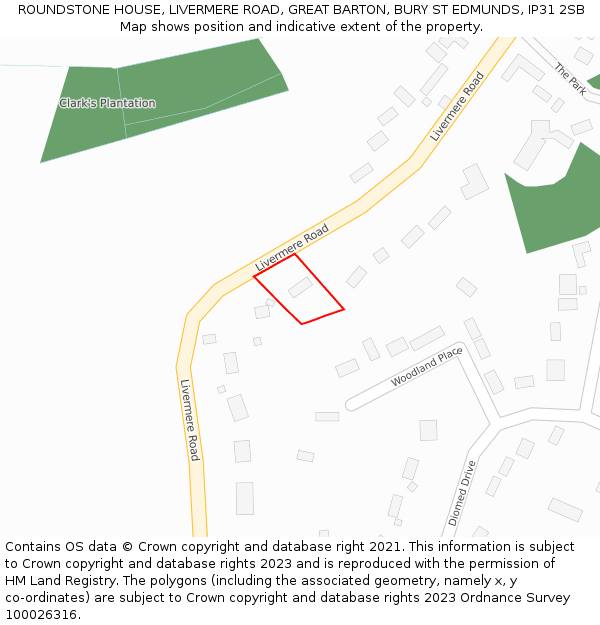 ROUNDSTONE HOUSE, LIVERMERE ROAD, GREAT BARTON, BURY ST EDMUNDS, IP31 2SB: Location map and indicative extent of plot