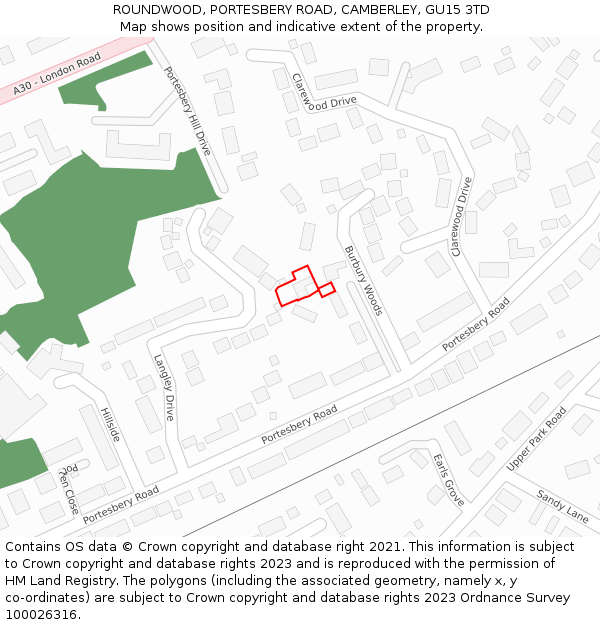 ROUNDWOOD, PORTESBERY ROAD, CAMBERLEY, GU15 3TD: Location map and indicative extent of plot