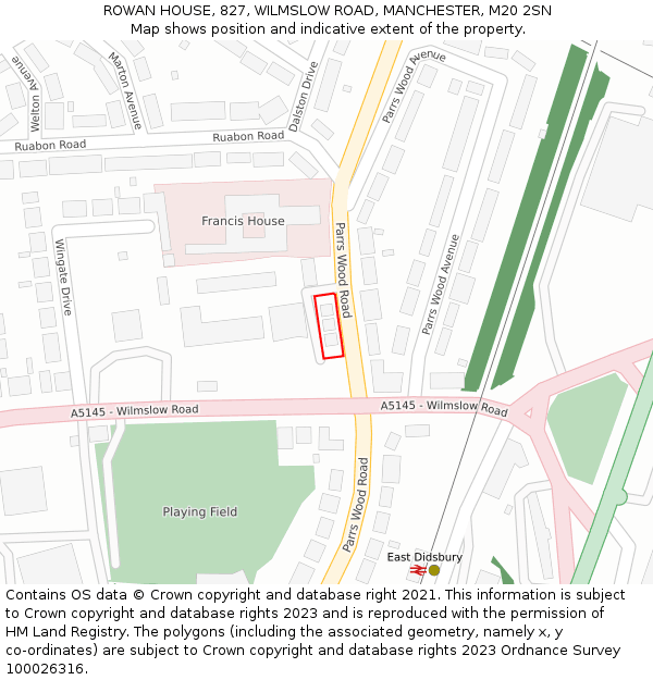 ROWAN HOUSE, 827, WILMSLOW ROAD, MANCHESTER, M20 2SN: Location map and indicative extent of plot
