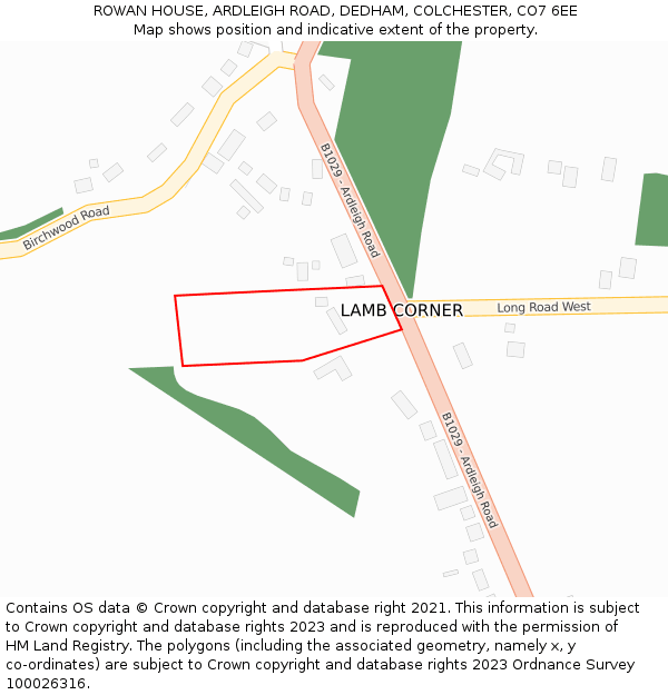 ROWAN HOUSE, ARDLEIGH ROAD, DEDHAM, COLCHESTER, CO7 6EE: Location map and indicative extent of plot