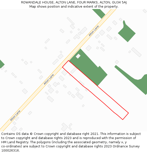 ROWANDALE HOUSE, ALTON LANE, FOUR MARKS, ALTON, GU34 5AJ: Location map and indicative extent of plot