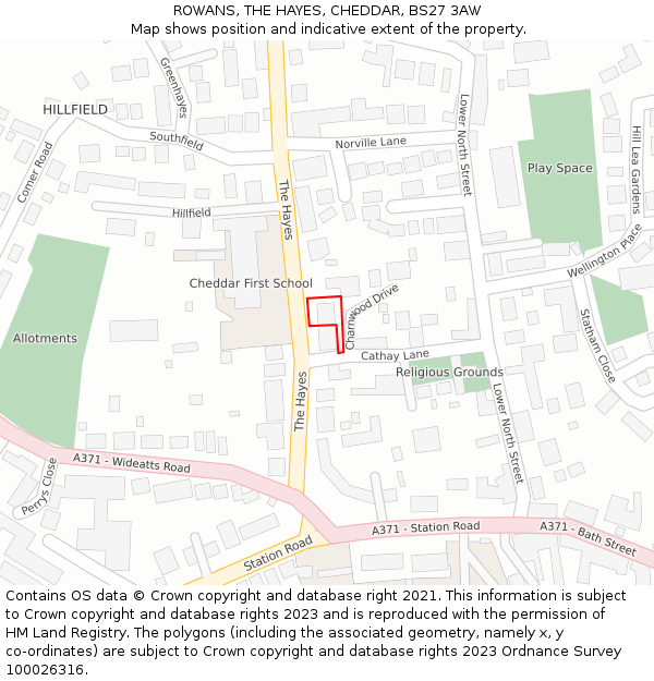ROWANS, THE HAYES, CHEDDAR, BS27 3AW: Location map and indicative extent of plot