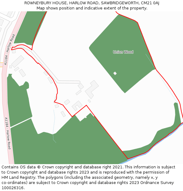 ROWNEYBURY HOUSE, HARLOW ROAD, SAWBRIDGEWORTH, CM21 0AJ: Location map and indicative extent of plot