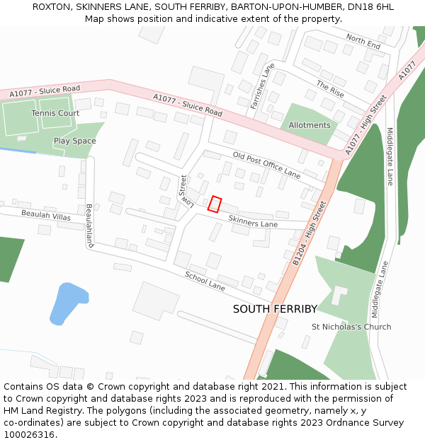 ROXTON, SKINNERS LANE, SOUTH FERRIBY, BARTON-UPON-HUMBER, DN18 6HL: Location map and indicative extent of plot