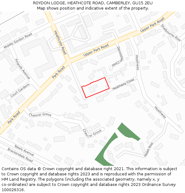 ROYDON LODGE, HEATHCOTE ROAD, CAMBERLEY, GU15 2EU: Location map and indicative extent of plot