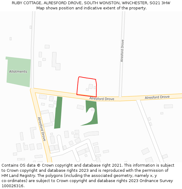 RUBY COTTAGE, ALRESFORD DROVE, SOUTH WONSTON, WINCHESTER, SO21 3HW: Location map and indicative extent of plot