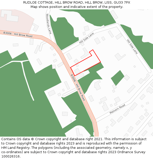 RUDLOE COTTAGE, HILL BROW ROAD, HILL BROW, LISS, GU33 7PX: Location map and indicative extent of plot