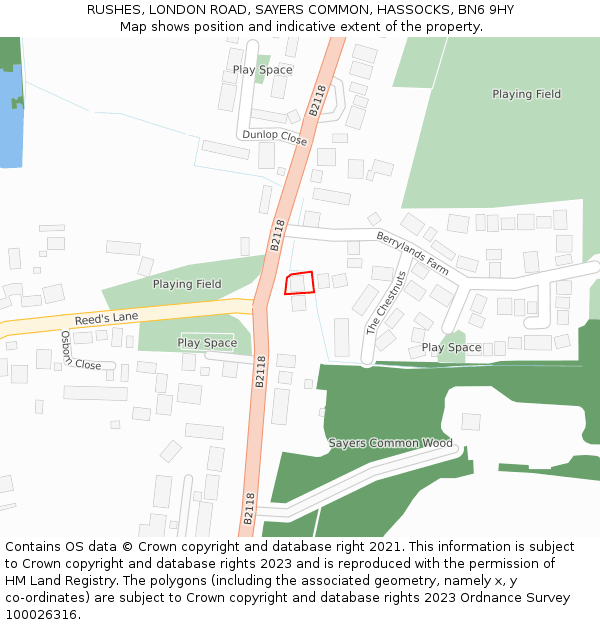 RUSHES, LONDON ROAD, SAYERS COMMON, HASSOCKS, BN6 9HY: Location map and indicative extent of plot