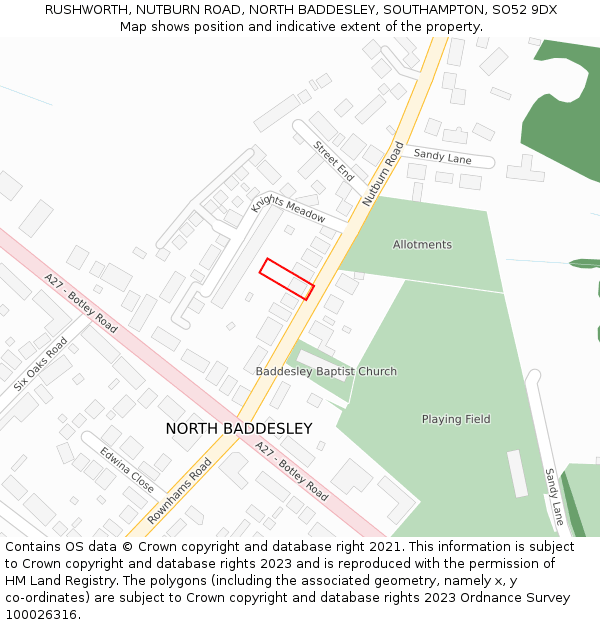 RUSHWORTH, NUTBURN ROAD, NORTH BADDESLEY, SOUTHAMPTON, SO52 9DX: Location map and indicative extent of plot