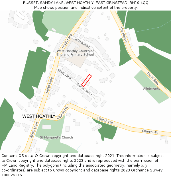 RUSSET, SANDY LANE, WEST HOATHLY, EAST GRINSTEAD, RH19 4QQ: Location map and indicative extent of plot