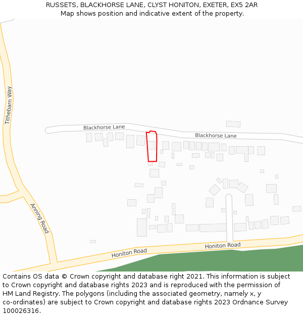 RUSSETS, BLACKHORSE LANE, CLYST HONITON, EXETER, EX5 2AR: Location map and indicative extent of plot