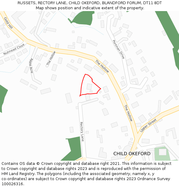 RUSSETS, RECTORY LANE, CHILD OKEFORD, BLANDFORD FORUM, DT11 8DT: Location map and indicative extent of plot