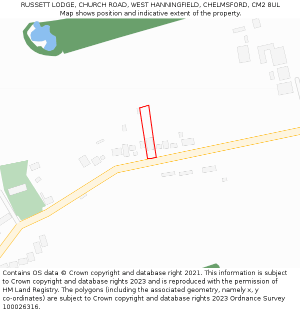 RUSSETT LODGE, CHURCH ROAD, WEST HANNINGFIELD, CHELMSFORD, CM2 8UL: Location map and indicative extent of plot