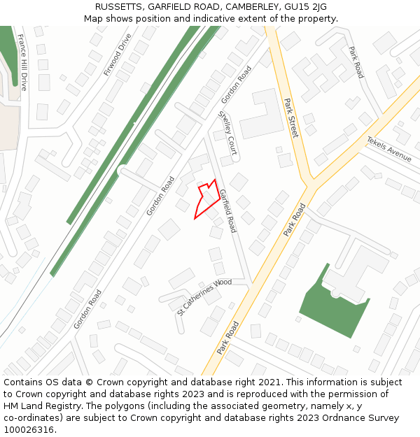 RUSSETTS, GARFIELD ROAD, CAMBERLEY, GU15 2JG: Location map and indicative extent of plot