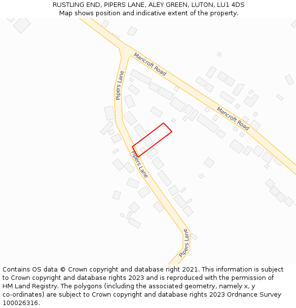 RUSTLING END, PIPERS LANE, ALEY GREEN, LUTON, LU1 4DS: Location map and indicative extent of plot