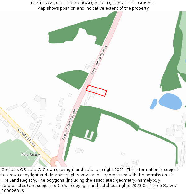 RUSTLINGS, GUILDFORD ROAD, ALFOLD, CRANLEIGH, GU6 8HF: Location map and indicative extent of plot