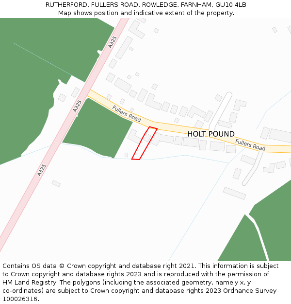 RUTHERFORD, FULLERS ROAD, ROWLEDGE, FARNHAM, GU10 4LB: Location map and indicative extent of plot