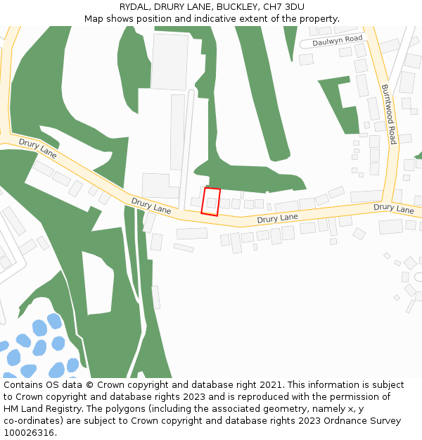 RYDAL, DRURY LANE, BUCKLEY, CH7 3DU: Location map and indicative extent of plot