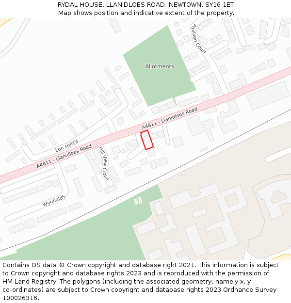 RYDAL HOUSE, LLANIDLOES ROAD, NEWTOWN, SY16 1ET: Location map and indicative extent of plot