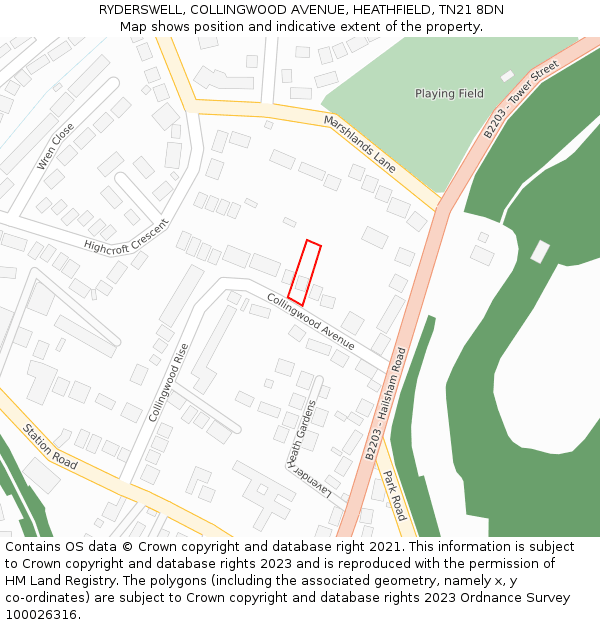 RYDERSWELL, COLLINGWOOD AVENUE, HEATHFIELD, TN21 8DN: Location map and indicative extent of plot