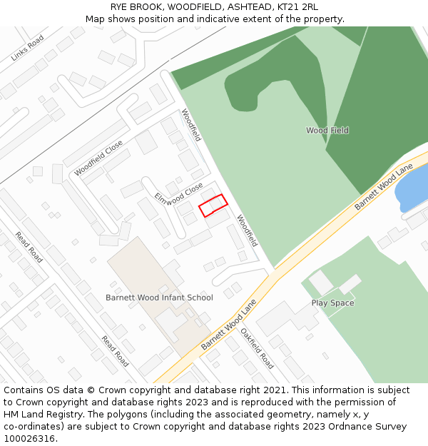 RYE BROOK, WOODFIELD, ASHTEAD, KT21 2RL: Location map and indicative extent of plot