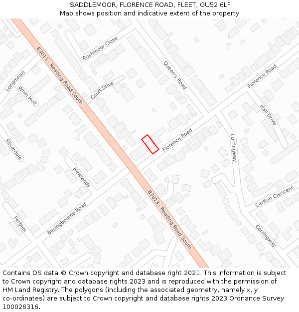 SADDLEMOOR, FLORENCE ROAD, FLEET, GU52 6LF: Location map and indicative extent of plot