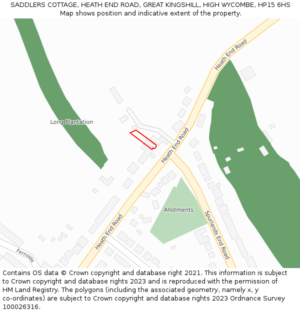 SADDLERS COTTAGE, HEATH END ROAD, GREAT KINGSHILL, HIGH WYCOMBE, HP15 6HS: Location map and indicative extent of plot