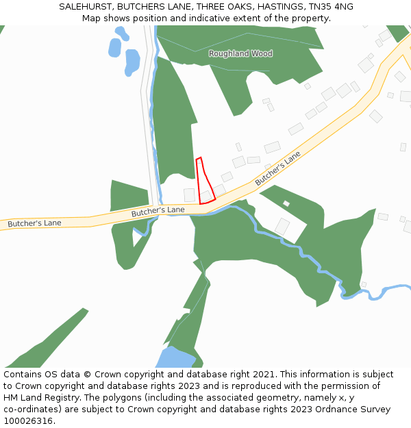 SALEHURST, BUTCHERS LANE, THREE OAKS, HASTINGS, TN35 4NG: Location map and indicative extent of plot