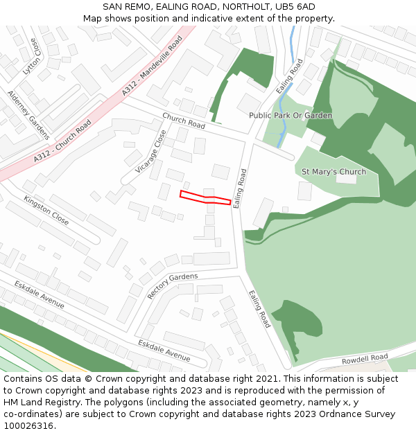 SAN REMO, EALING ROAD, NORTHOLT, UB5 6AD: Location map and indicative extent of plot