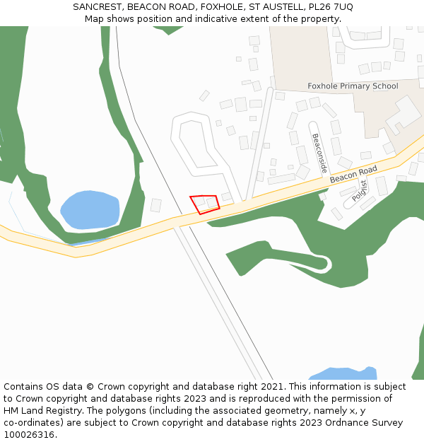 SANCREST, BEACON ROAD, FOXHOLE, ST AUSTELL, PL26 7UQ: Location map and indicative extent of plot