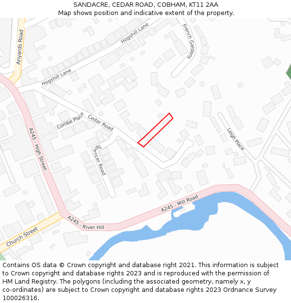 SANDACRE, CEDAR ROAD, COBHAM, KT11 2AA: Location map and indicative extent of plot