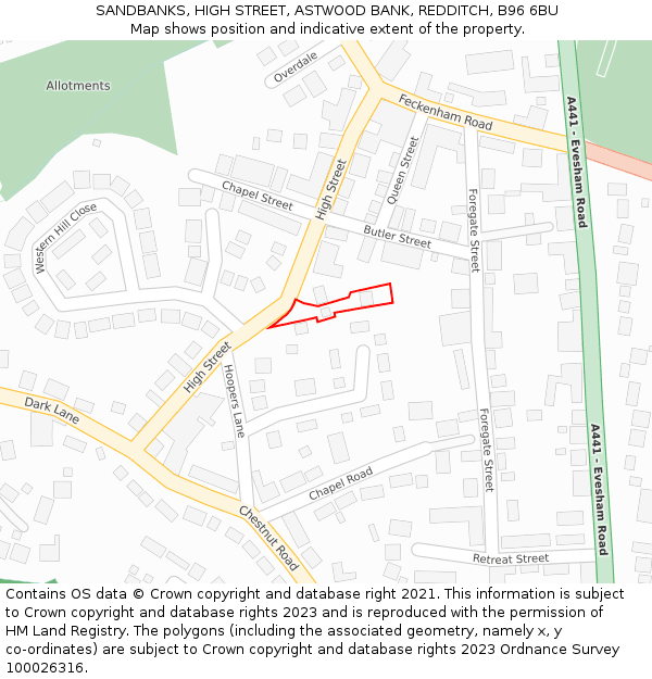 SANDBANKS, HIGH STREET, ASTWOOD BANK, REDDITCH, B96 6BU: Location map and indicative extent of plot