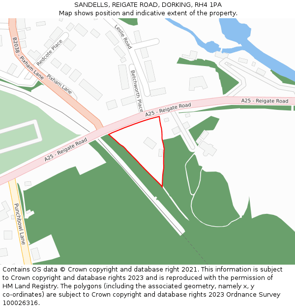 SANDELLS, REIGATE ROAD, DORKING, RH4 1PA: Location map and indicative extent of plot