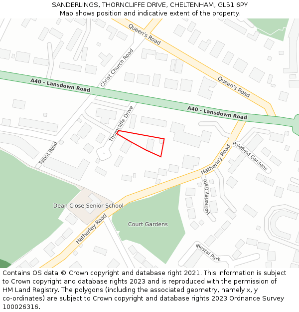 SANDERLINGS, THORNCLIFFE DRIVE, CHELTENHAM, GL51 6PY: Location map and indicative extent of plot