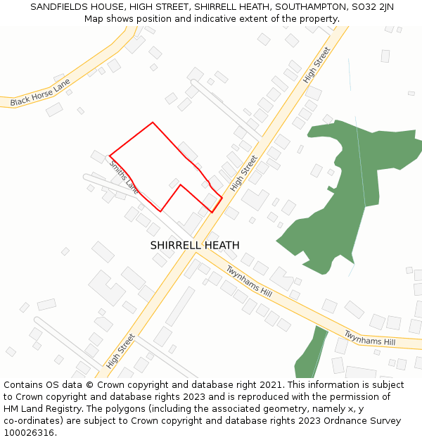 SANDFIELDS HOUSE, HIGH STREET, SHIRRELL HEATH, SOUTHAMPTON, SO32 2JN: Location map and indicative extent of plot