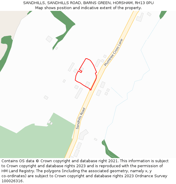 SANDHILLS, SANDHILLS ROAD, BARNS GREEN, HORSHAM, RH13 0PU: Location map and indicative extent of plot
