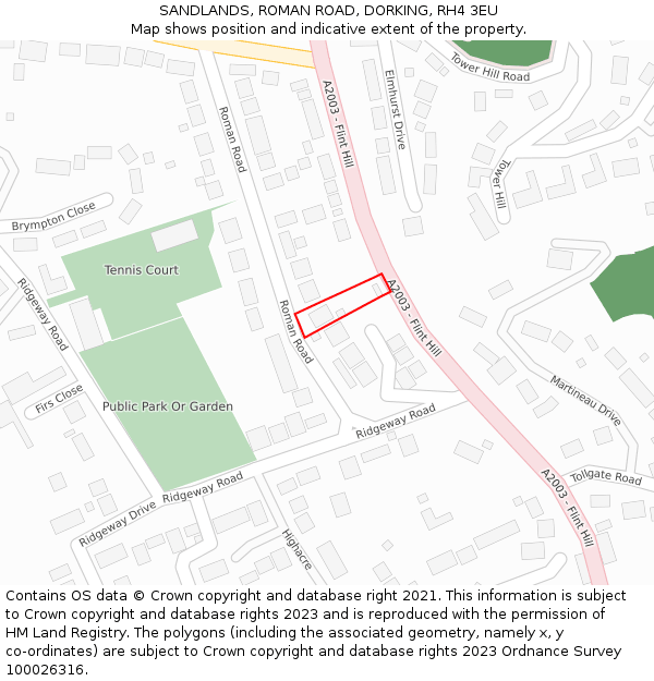 SANDLANDS, ROMAN ROAD, DORKING, RH4 3EU: Location map and indicative extent of plot