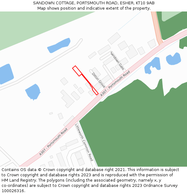 SANDOWN COTTAGE, PORTSMOUTH ROAD, ESHER, KT10 9AB: Location map and indicative extent of plot